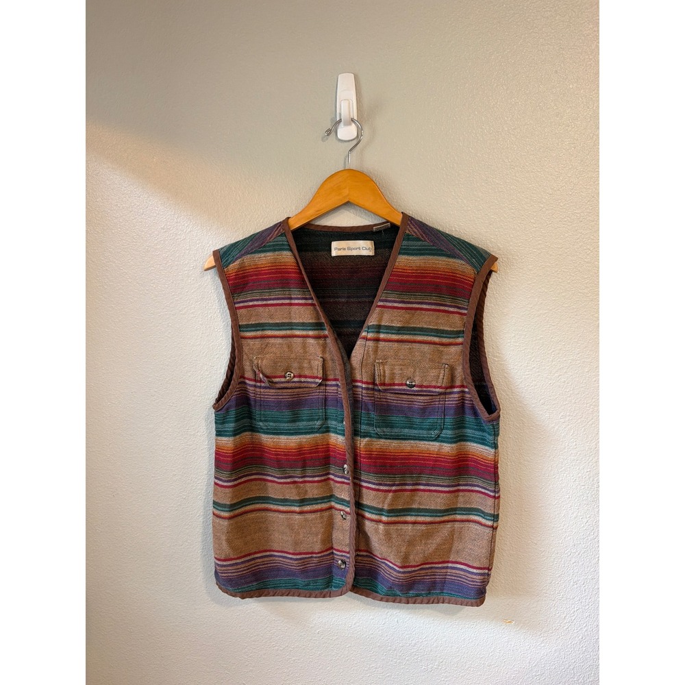 Paris Sport Club Vest Mens Large Striped Cotton Southwestern Button Front Brown
